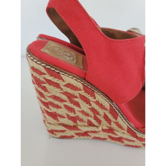 Tory Burch LINLEY Red Canvas Espadrille Wedge Sandals Size 10 M Shoes - Picture 10 of 12